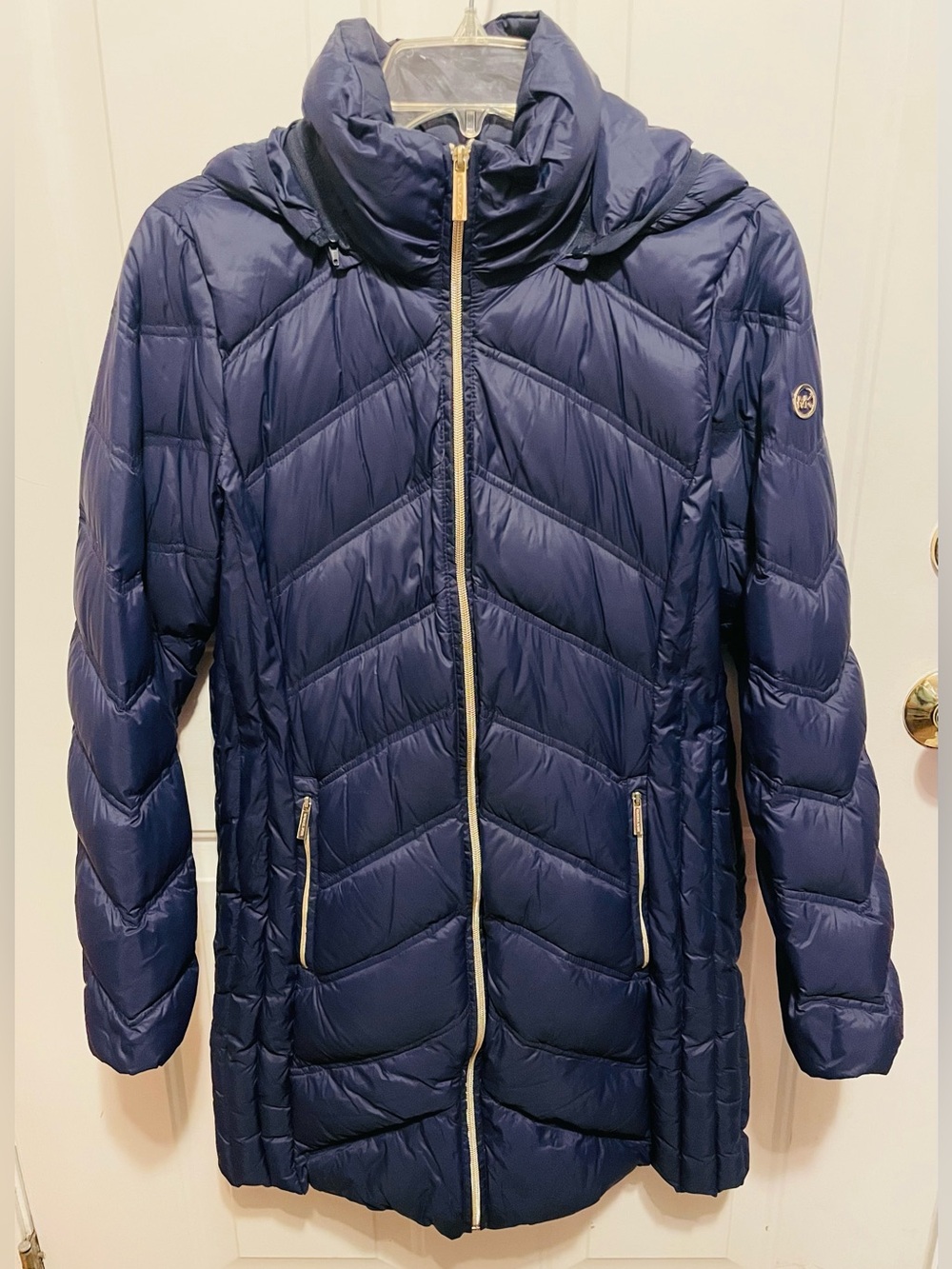 Michael Michael Kors Navy Packable Down Jacket with Gold Zipper